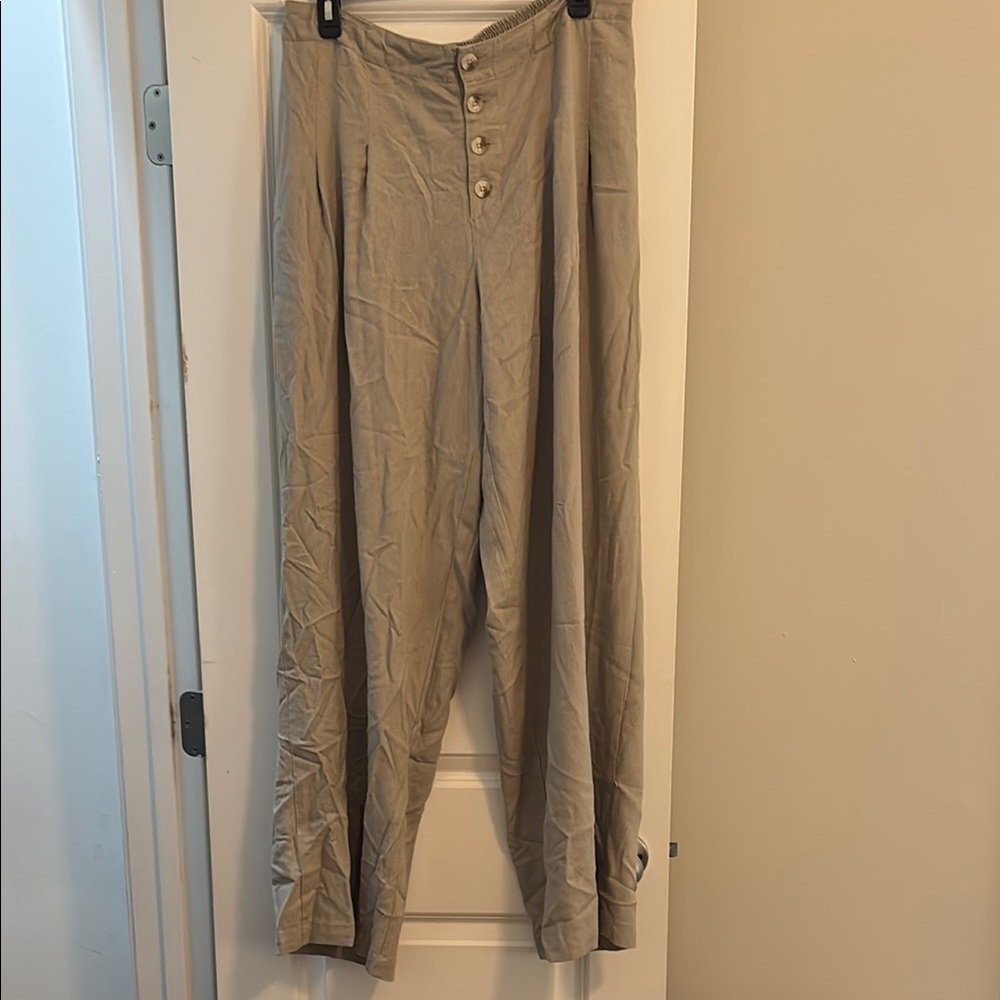 Beige/Tan Wide-Leg Button Linen Pants